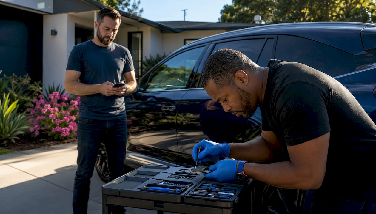 Mobile Apple repair technician servicing phone outdoors