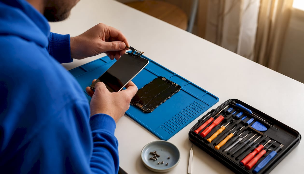 Hands transferring phone screen components
