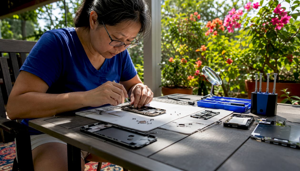 Woman repairing phone at kitchen table
