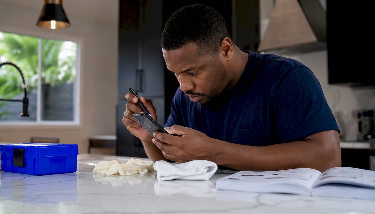 Man inspecting water-damaged phone