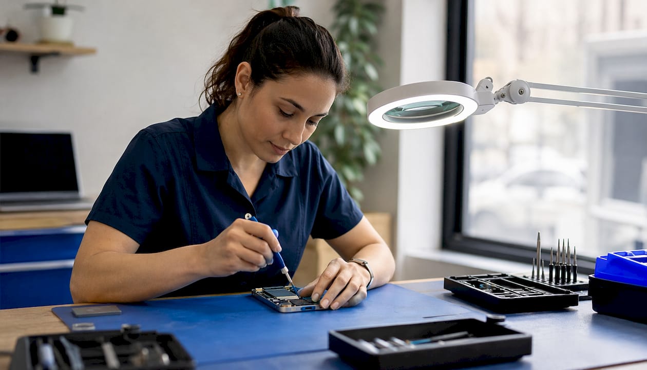 Technician repairing iPhone 16 at workbench