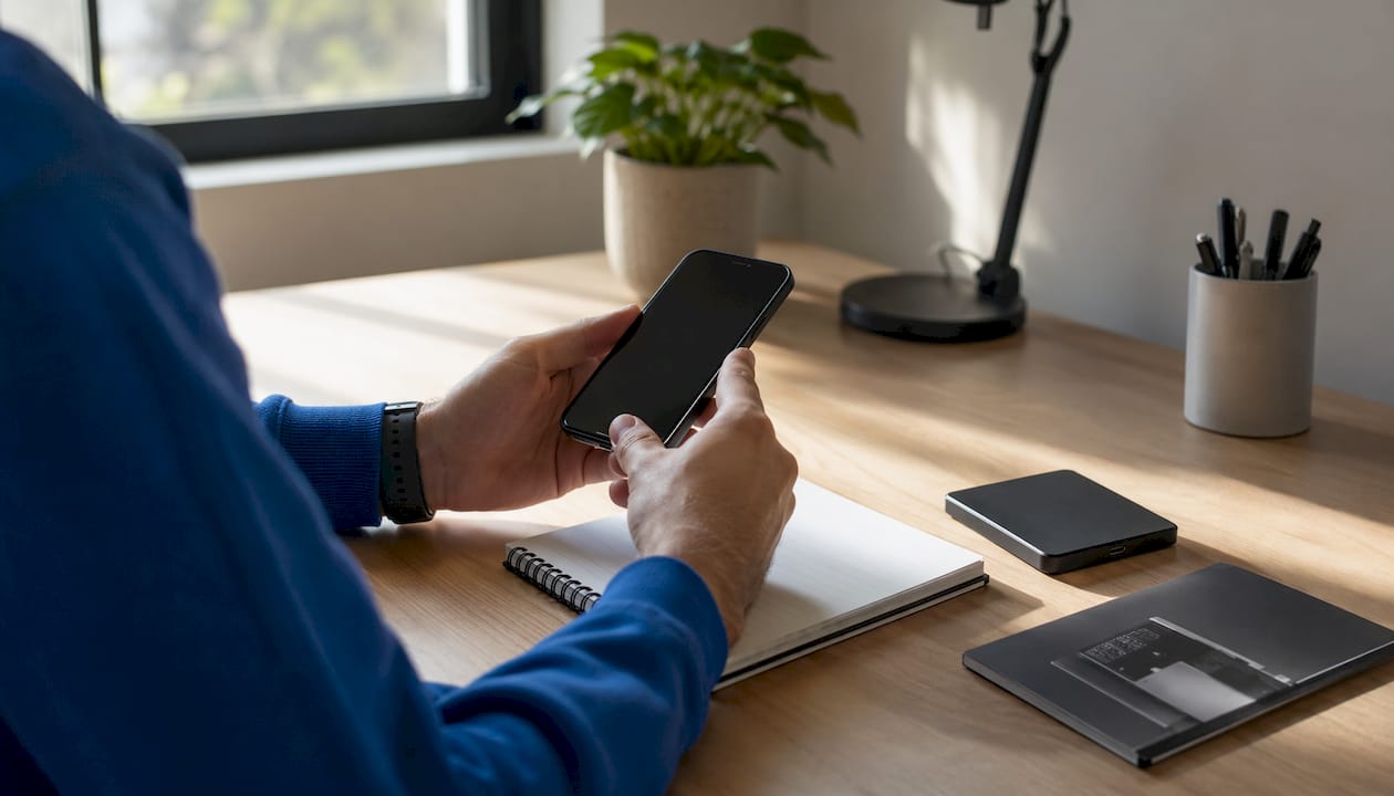 Hands backing up iPhone 16 at home desk
