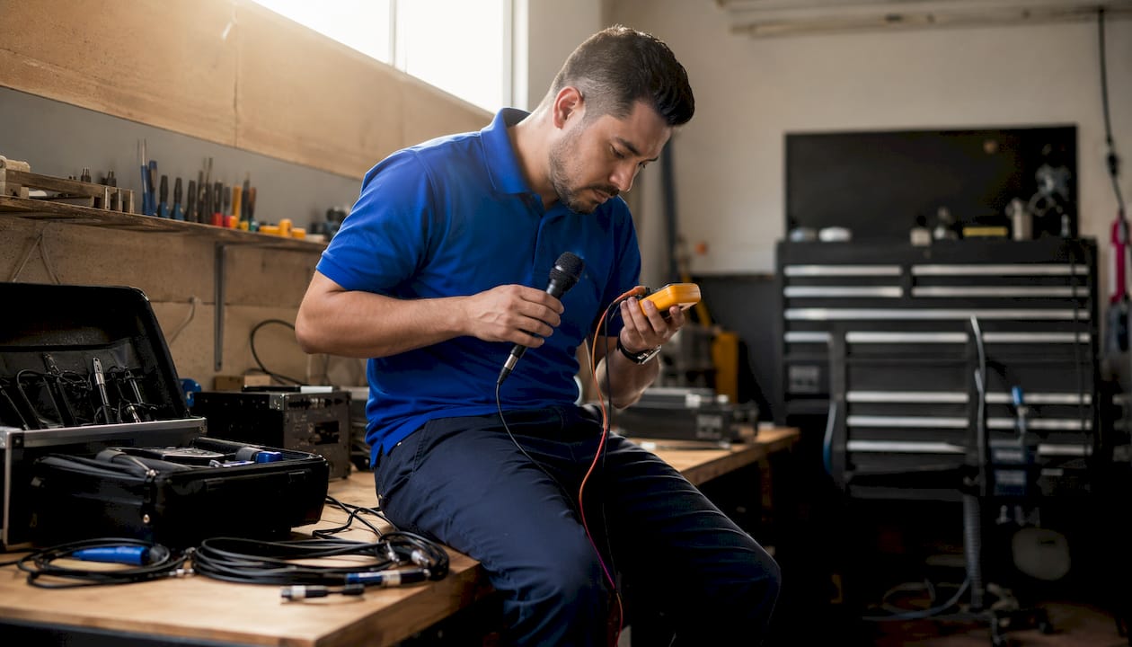 Technician testing microphone repair device