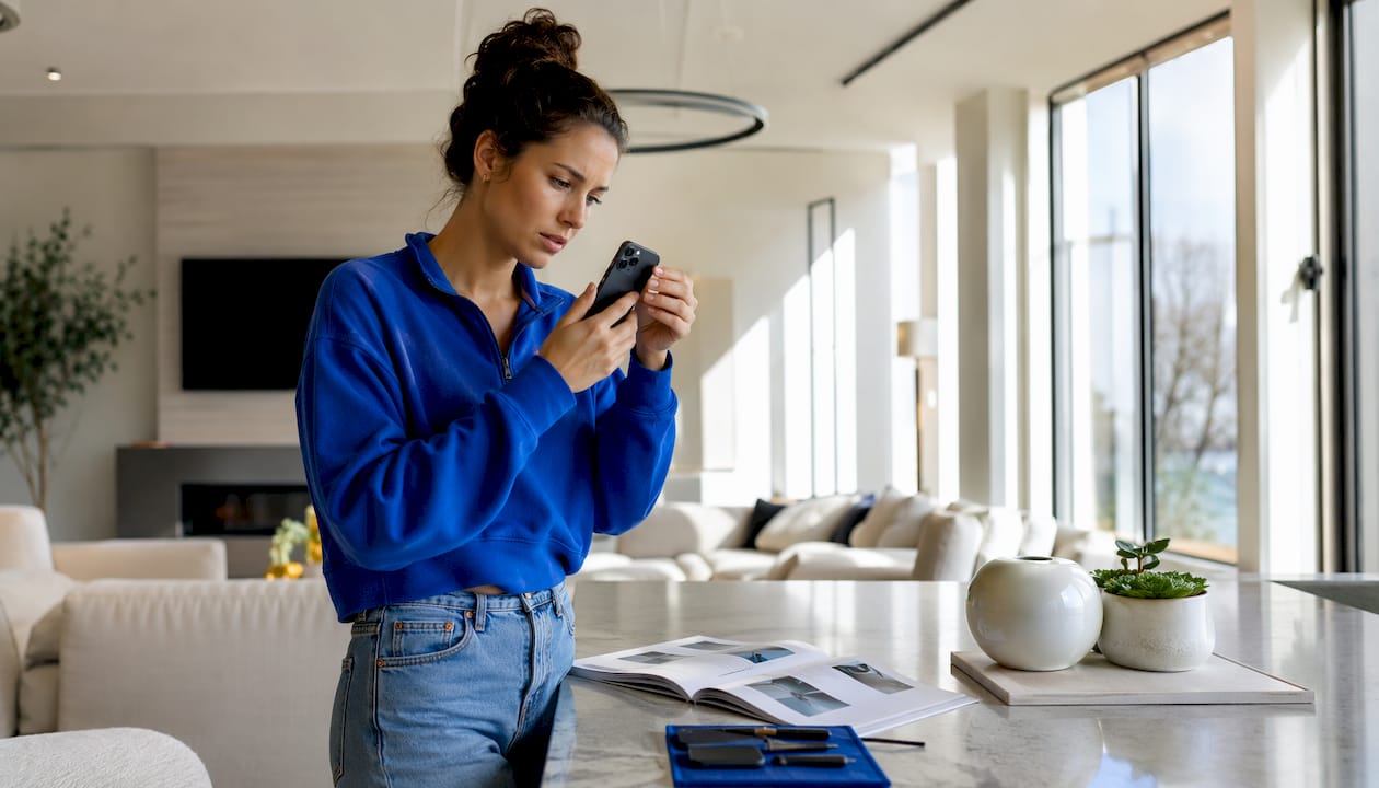 Woman inspecting iPhone Face ID sensor area