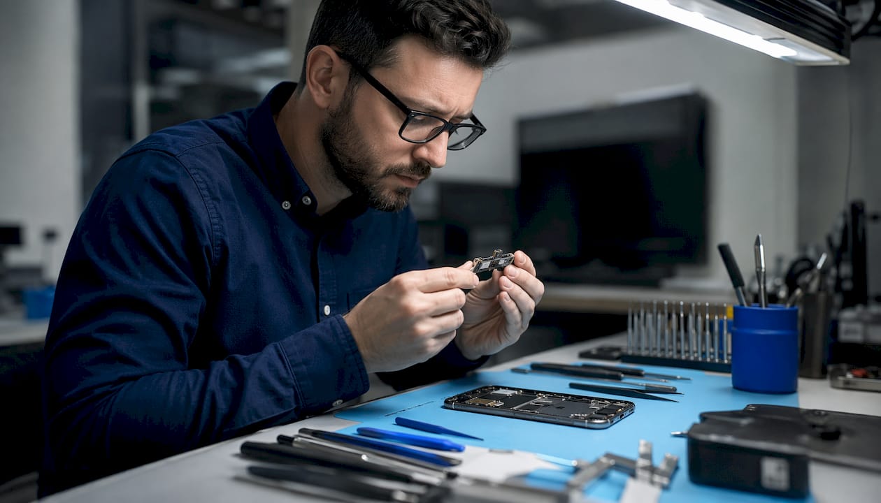 Technician inspecting Face ID hardware