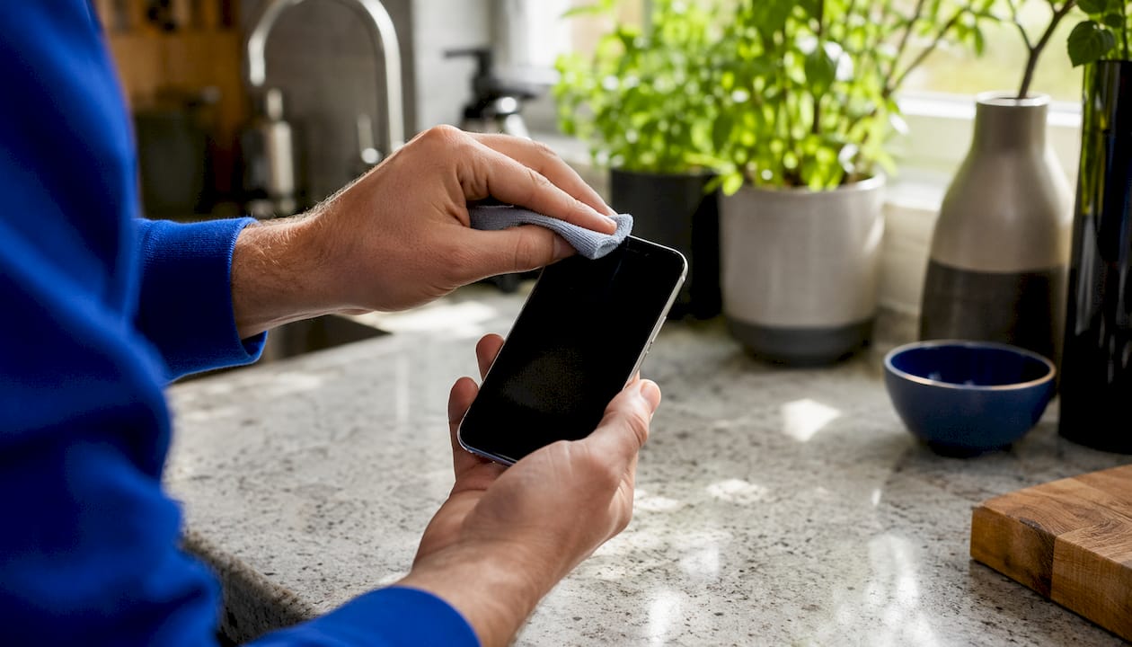 Hands cleaning iPhone Face ID sensor