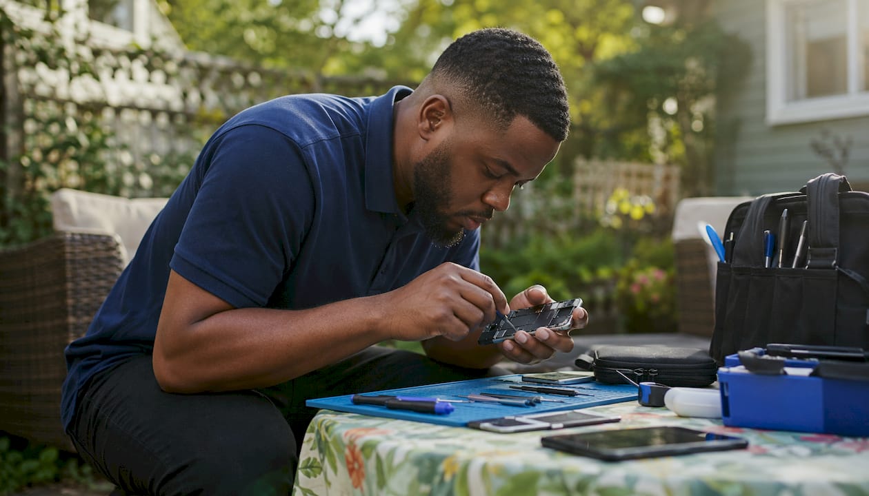 Technician repairing smartphone inside service van