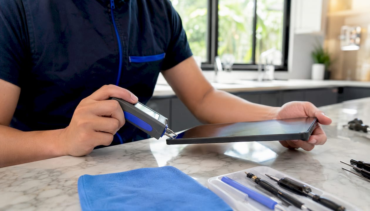 Technician measuring moisture on a tablet device