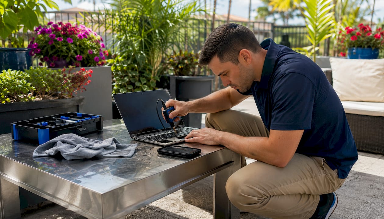 Technician inspecting water-damaged laptop in living room