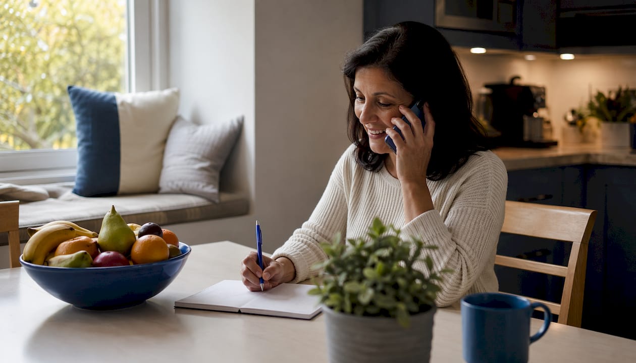 Woman booking battery replacement call at home desk