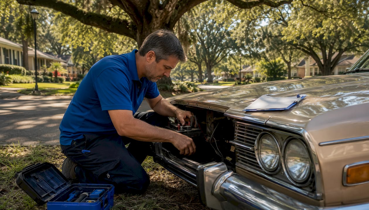 Technician replacing vehicle battery in Orlando driveway