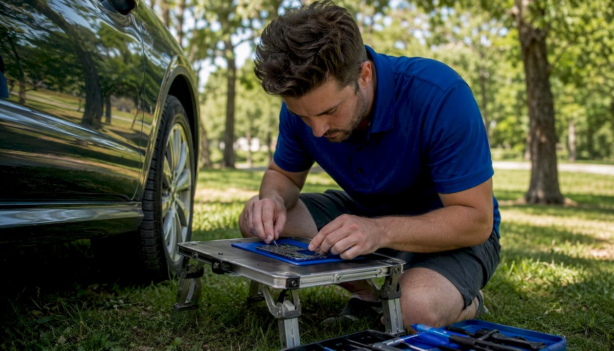 Technician repairing smartphone at customer's home