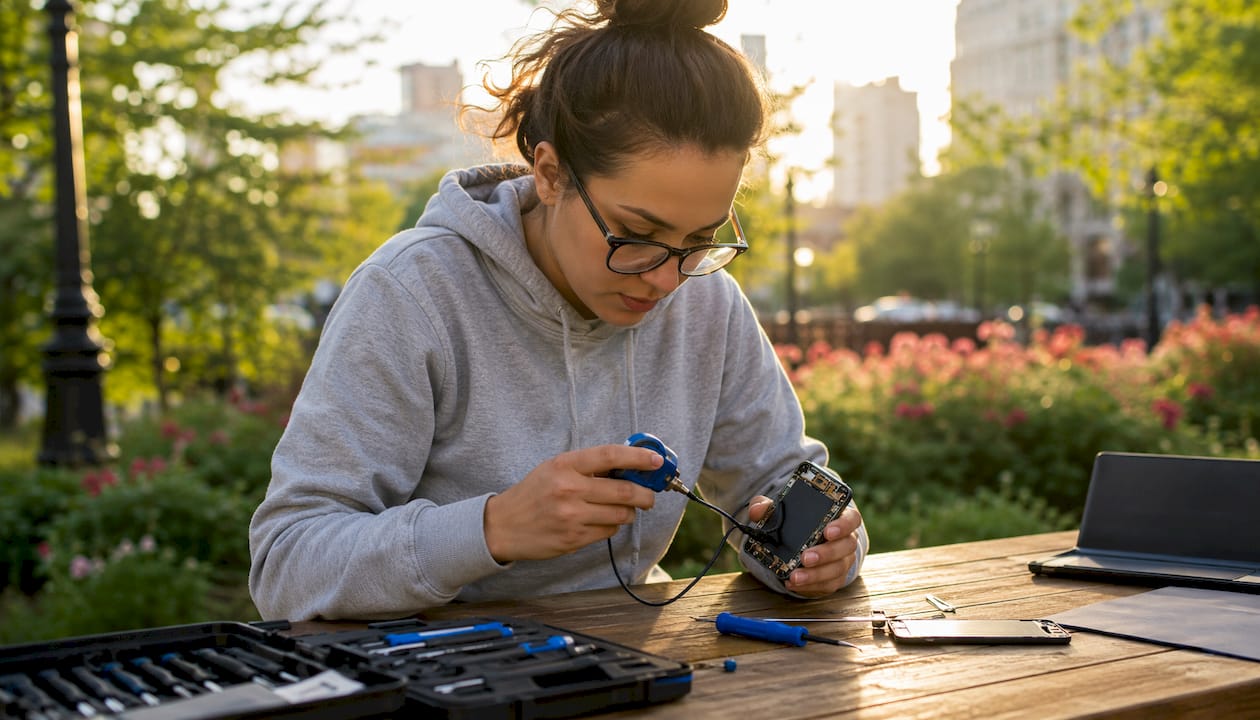 Technician diagnosing smartphone on-site