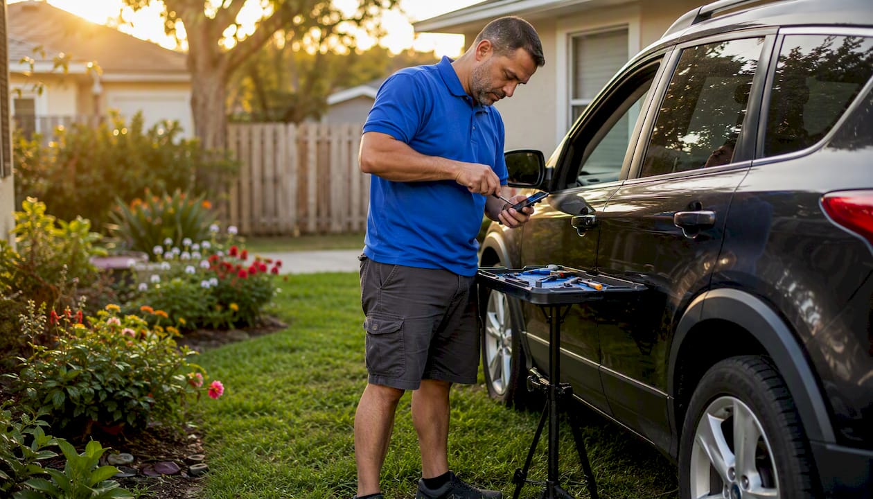 Technician repairing phone outdoors in Orlando driveway