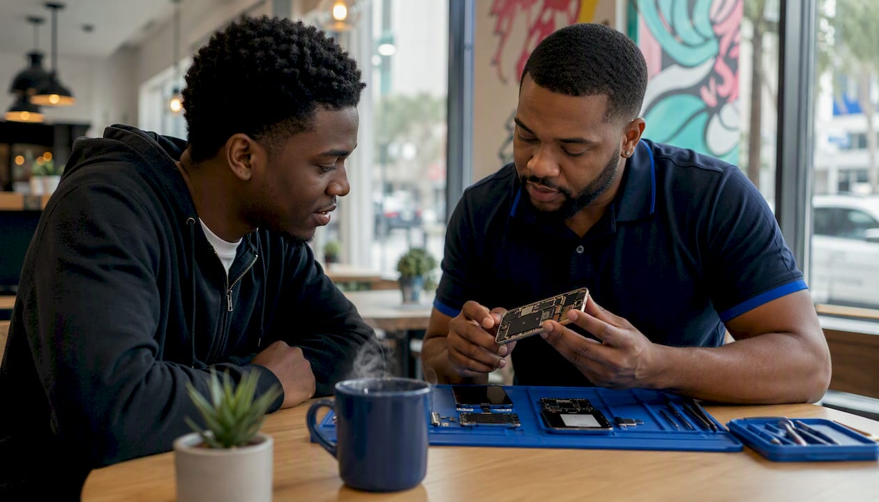 Technician explaining phone repair to customer at home
