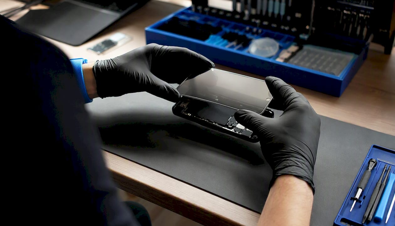 Hands applying adhesive to replacement phone screen