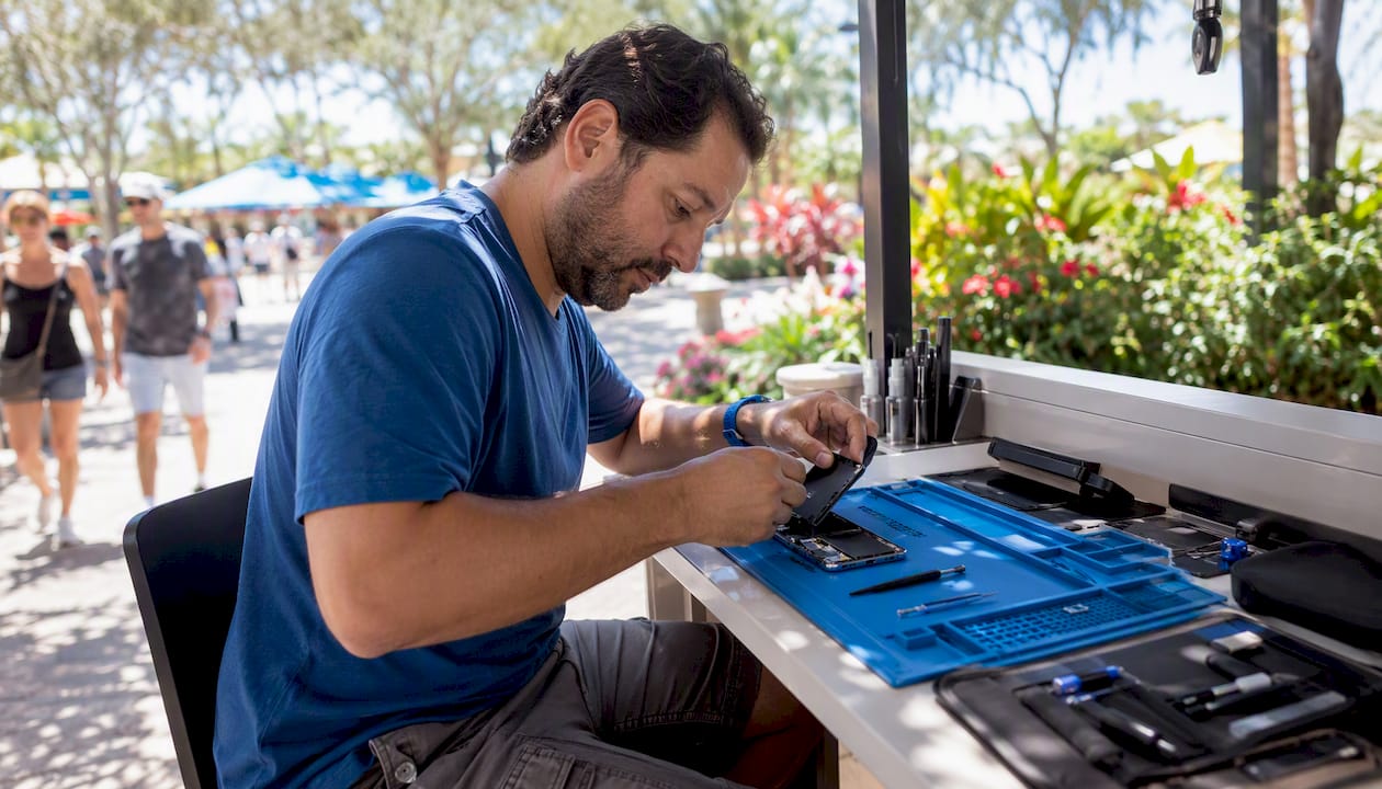 Technician replacing smartphone screen at repair shop
