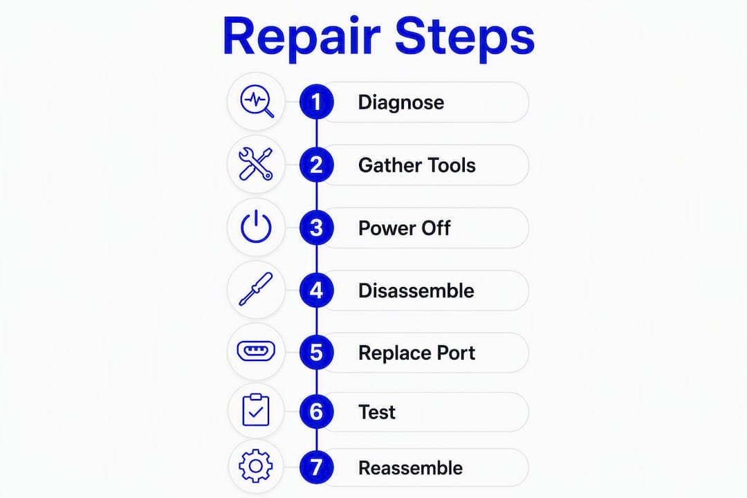 Infographic showing step-by-step laptop charging port repair