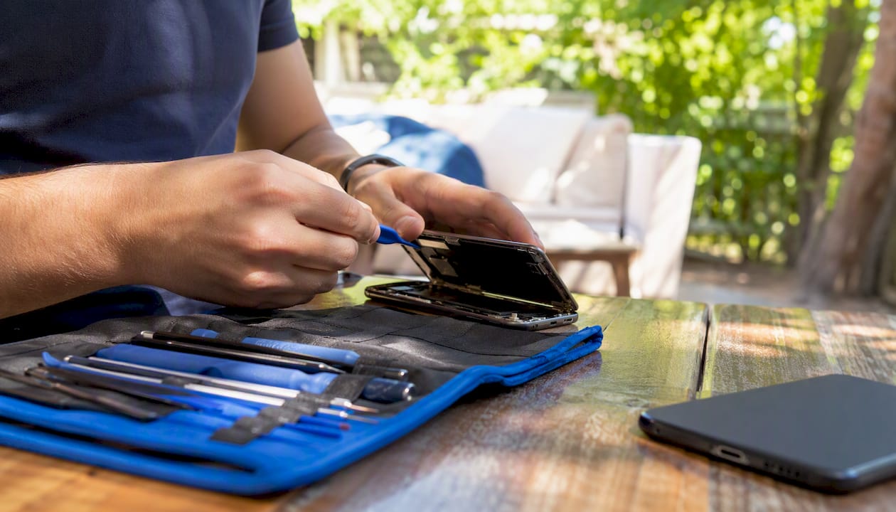 Technician repairing smartphone at customer home