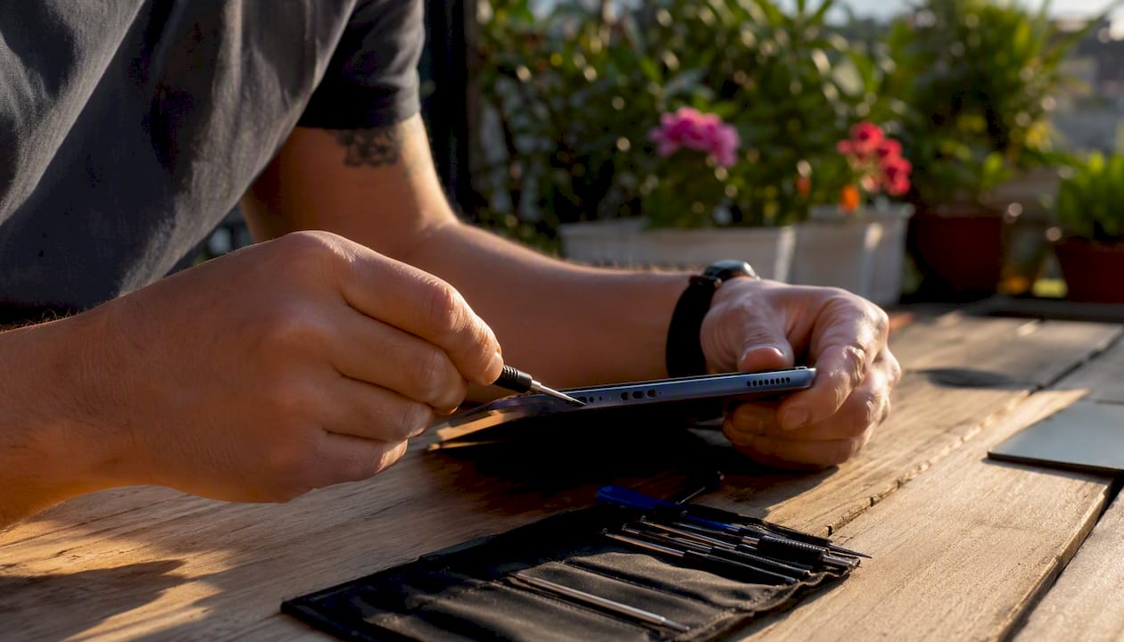 Technician hands repairing charging port on tablet