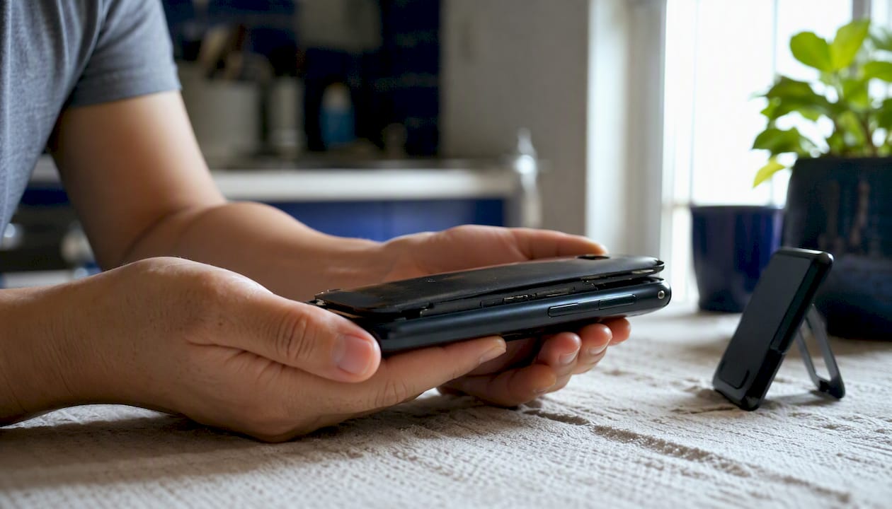 Swollen battery bulging child's device held by hands