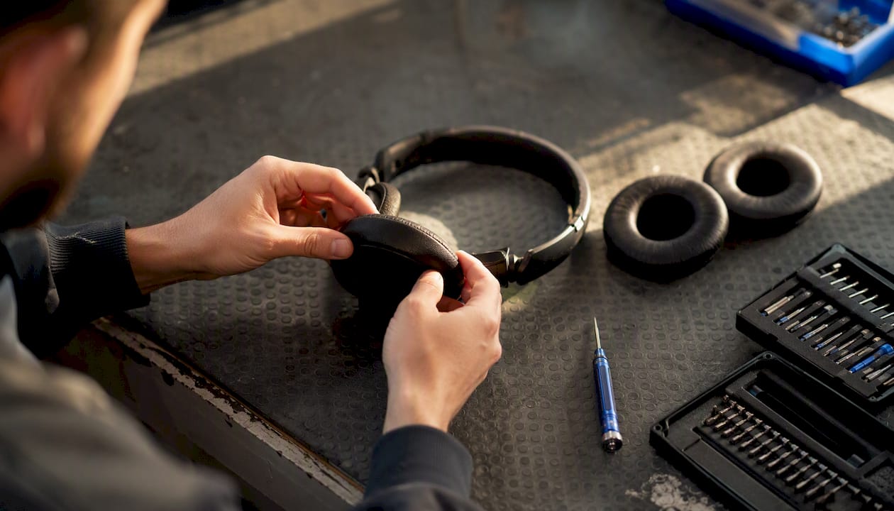 Hands replacing headphone earpads
