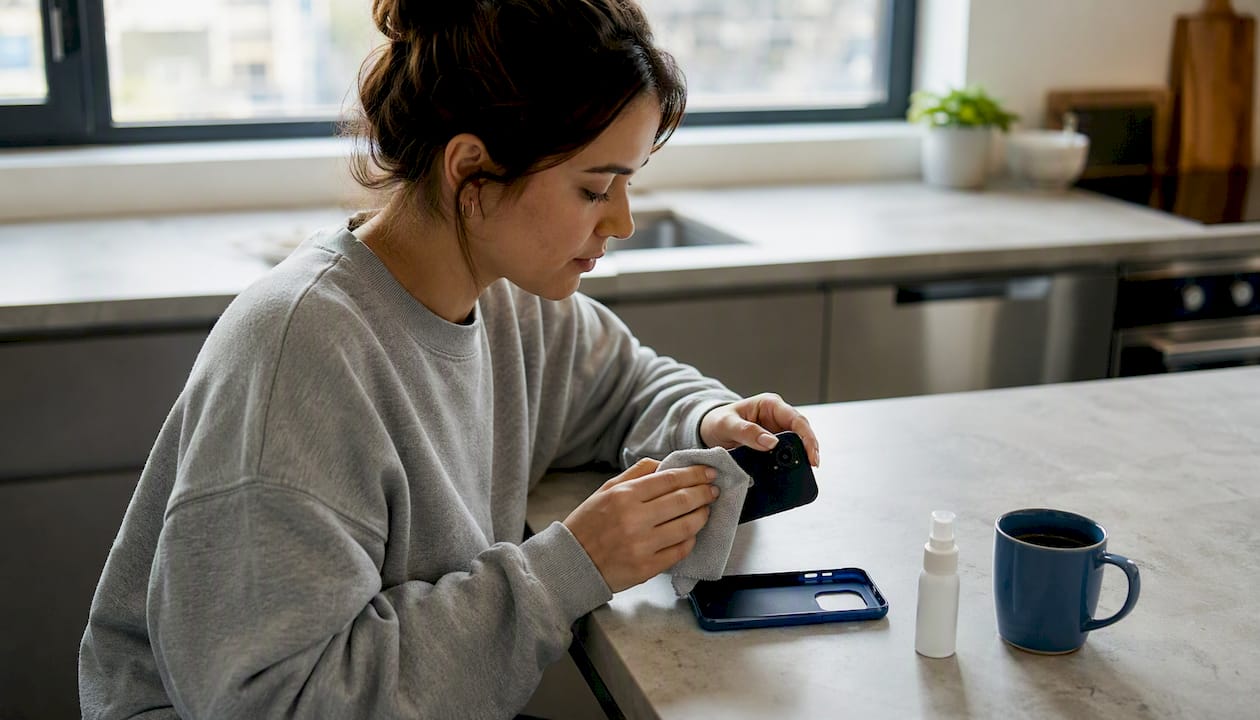 Person cleaning smartphone camera lens