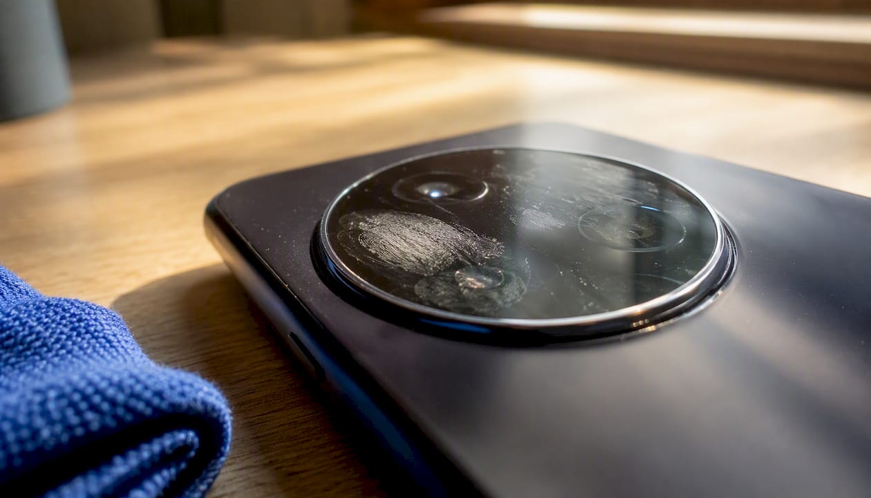 Smudged smartphone camera lens close-up