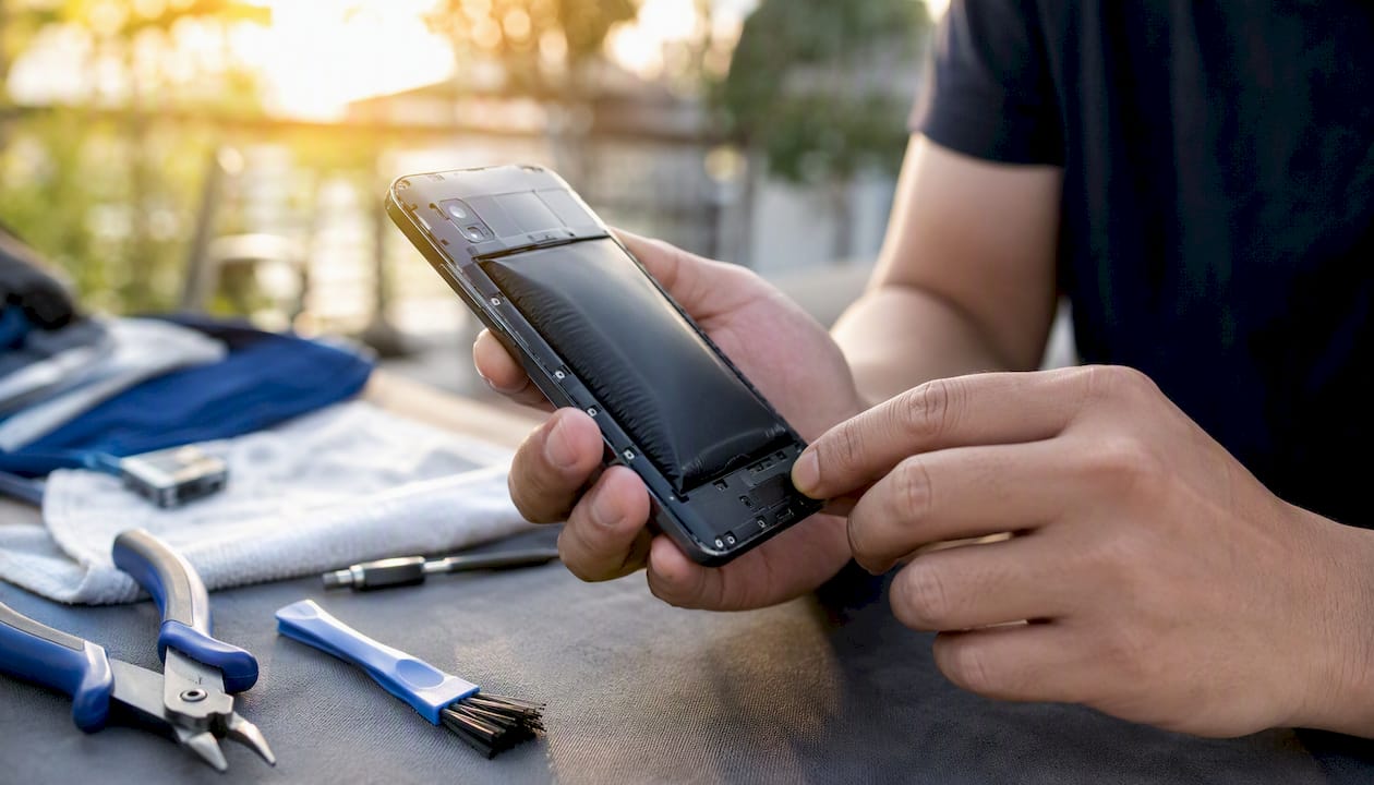 Hands inspecting phone with swollen battery in workshop