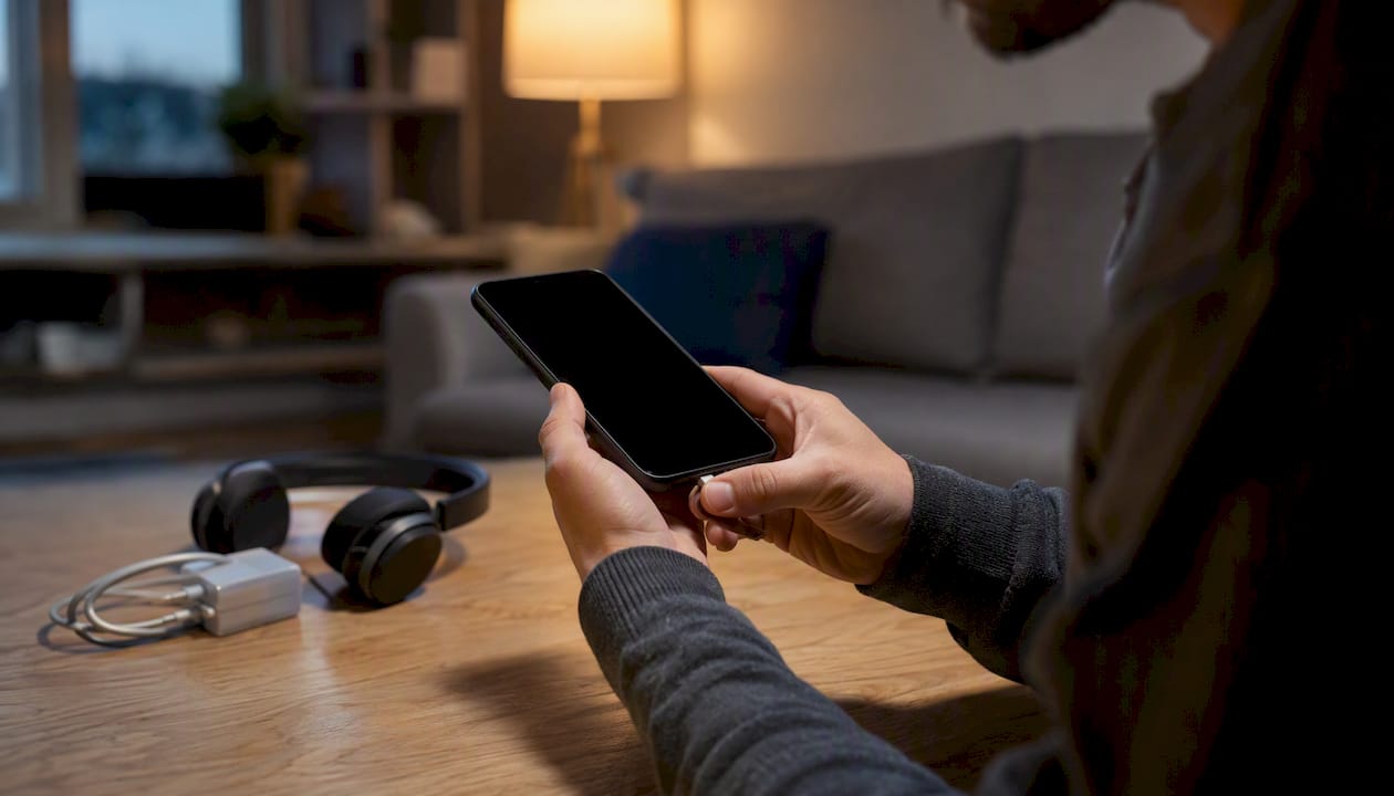 Hands unplugging charger from phone on desk