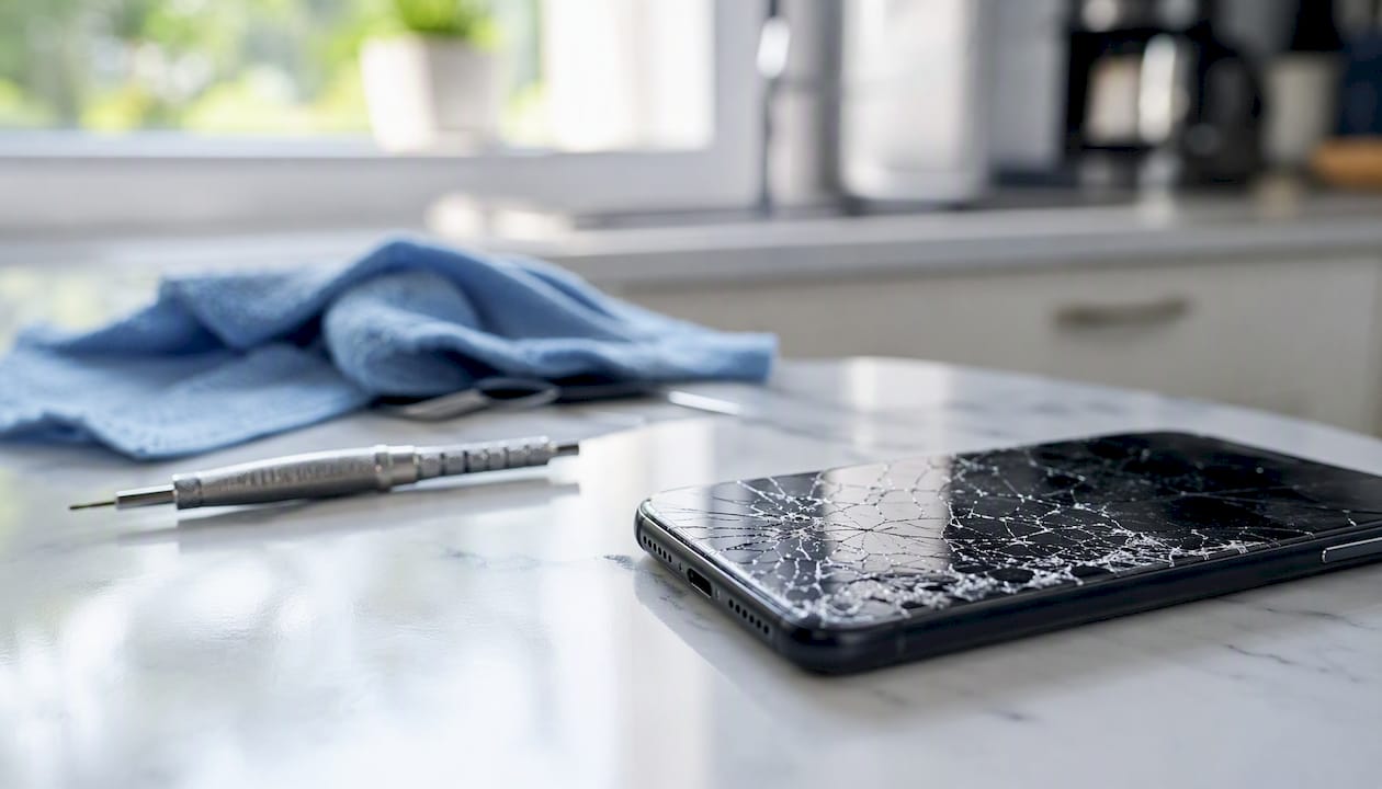 Cracked smartphone screen on work desk