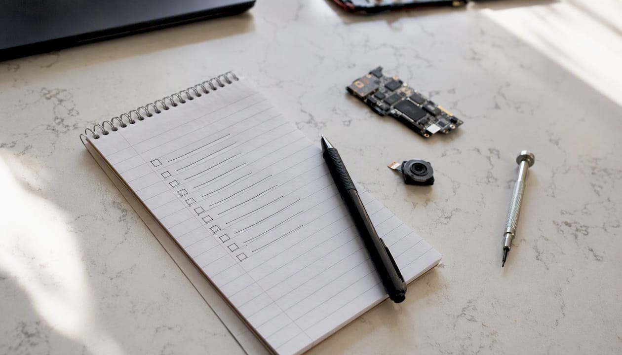 Checklist note with phone parts and pen on desk