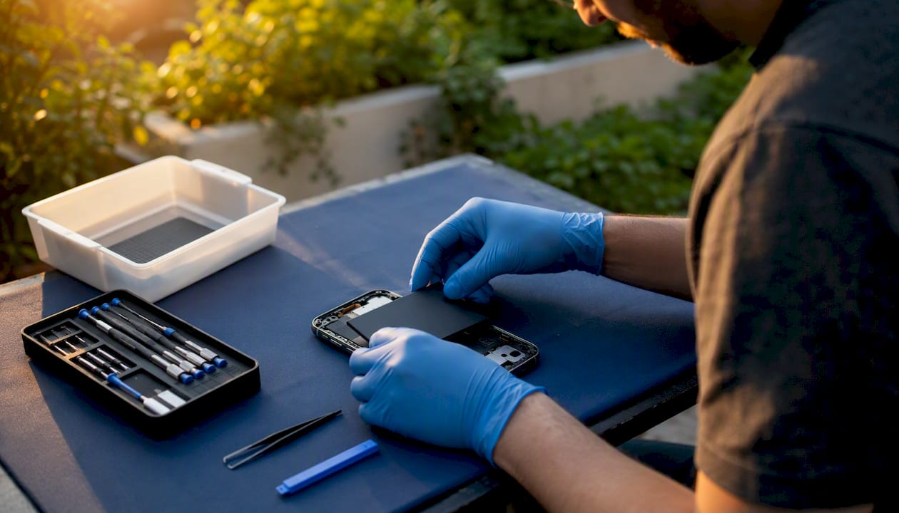 Technician hands replacing phone battery on-site