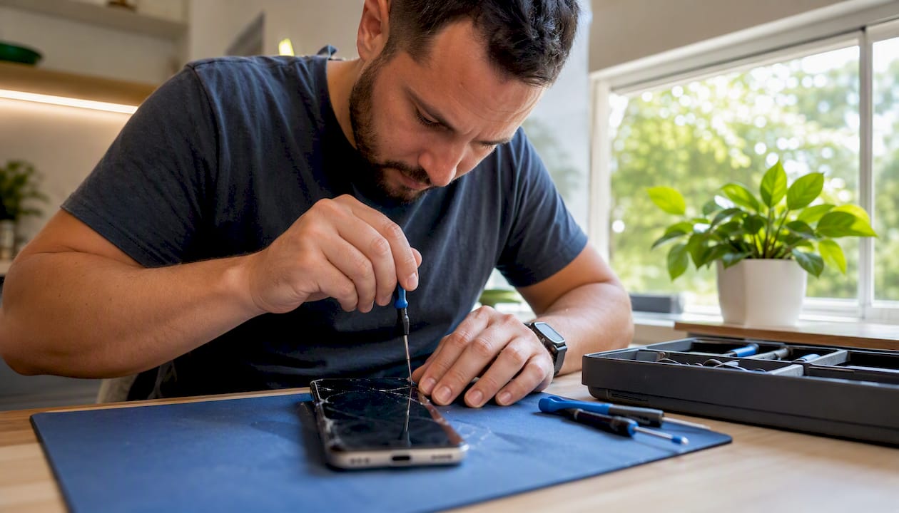 Technician repairing phone at home table