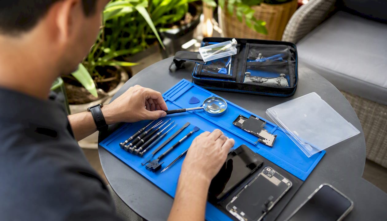 Technician arranging tools onsite for repair