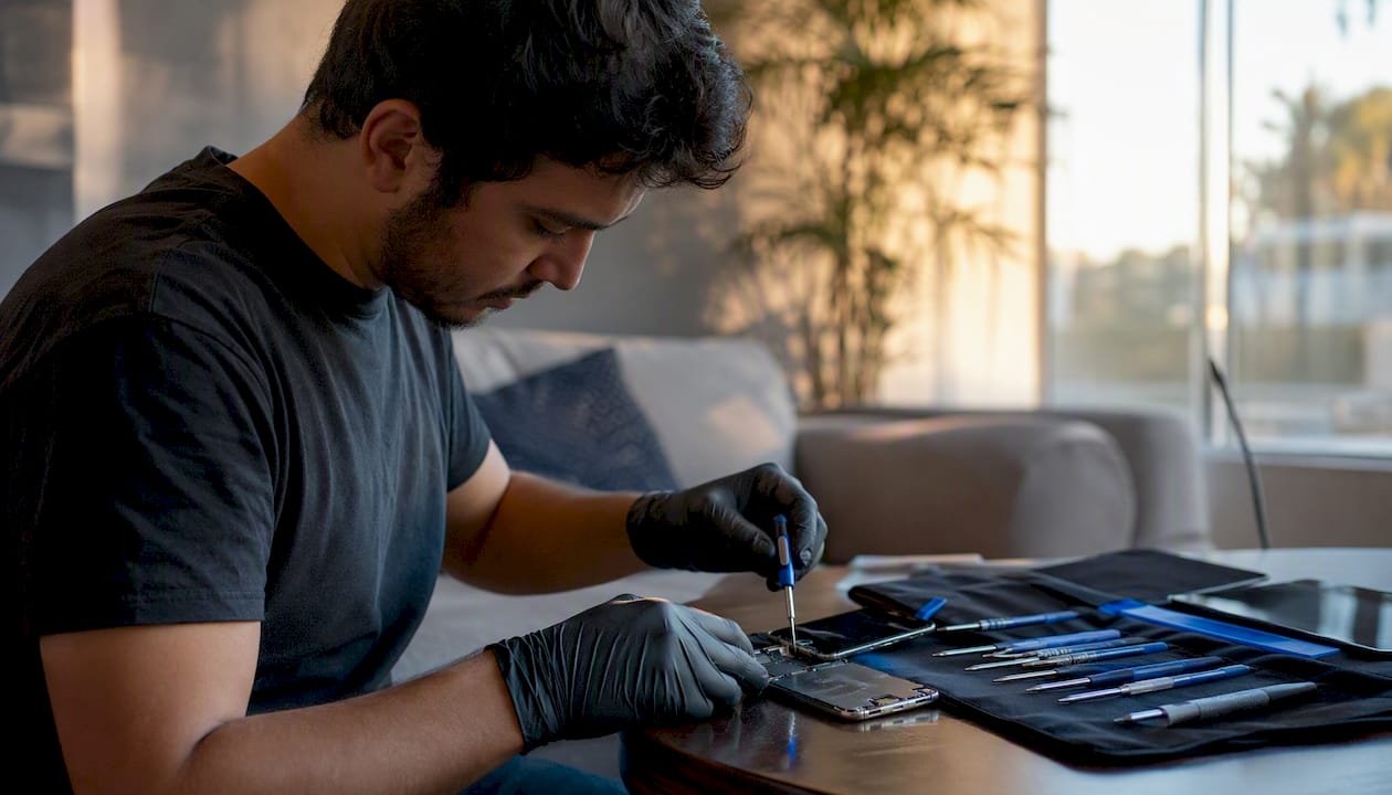 Technician replacing phone screen at home