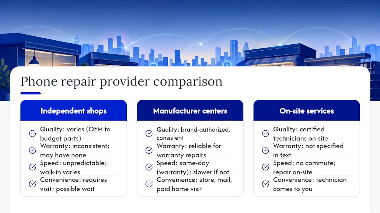 Comparison chart of repair provider types
