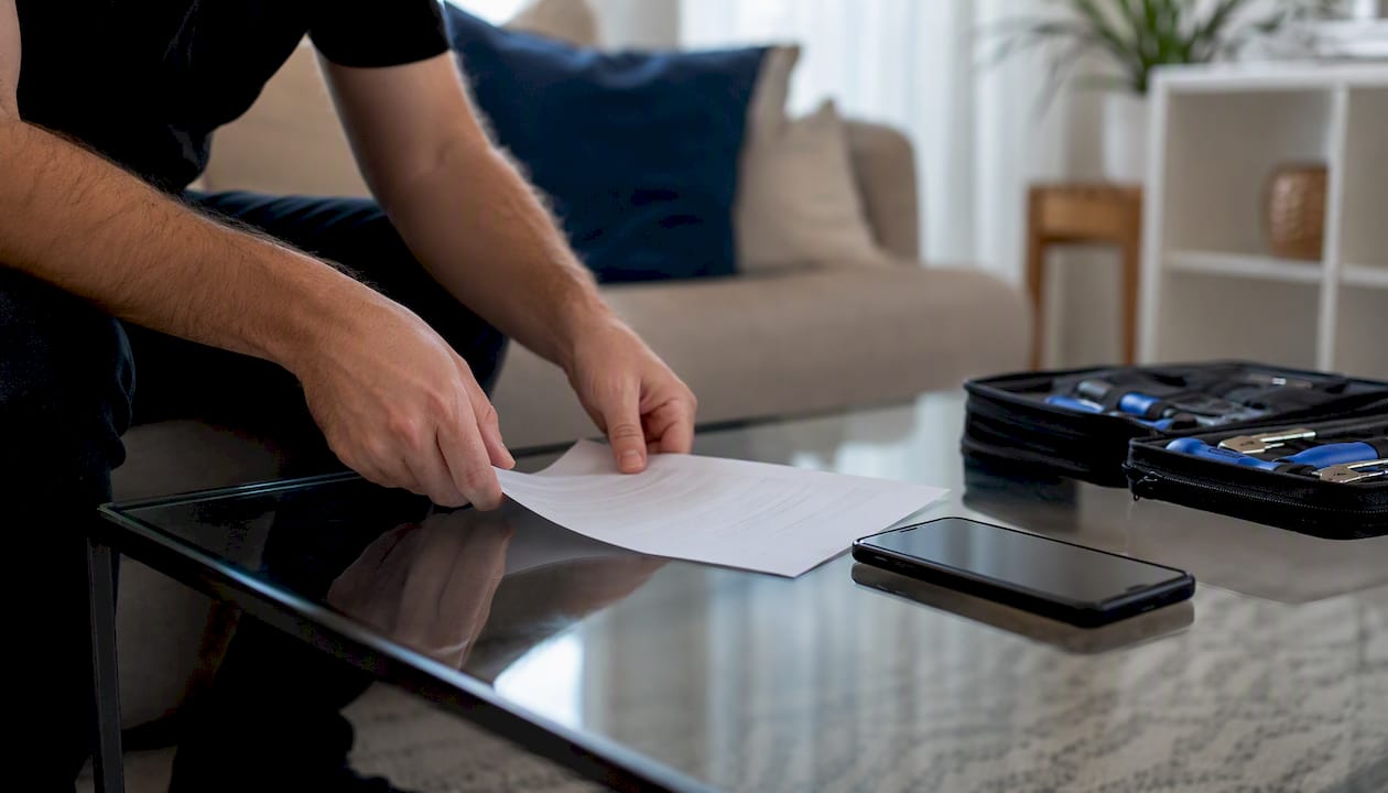 Technician hands placing signed consent form beside phone