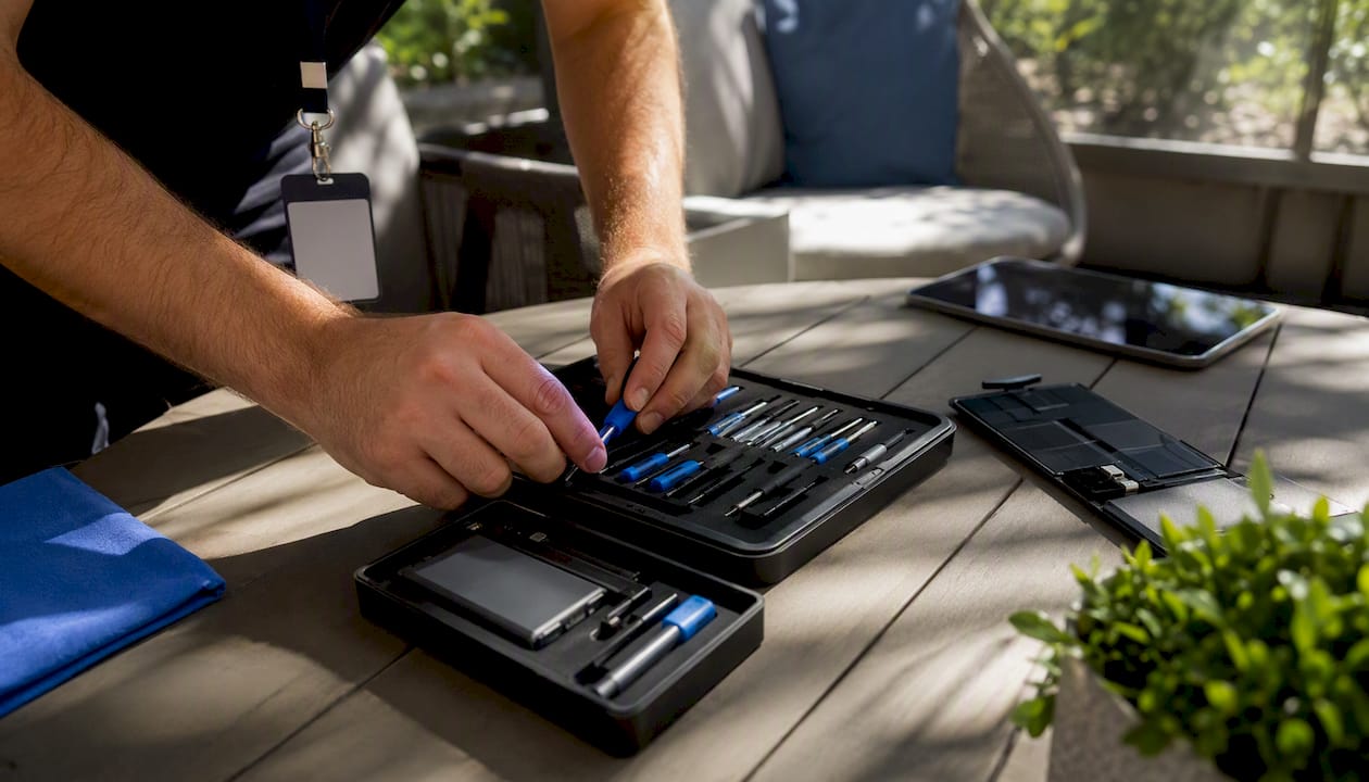 Technician hands with repair tools and visible ID badge