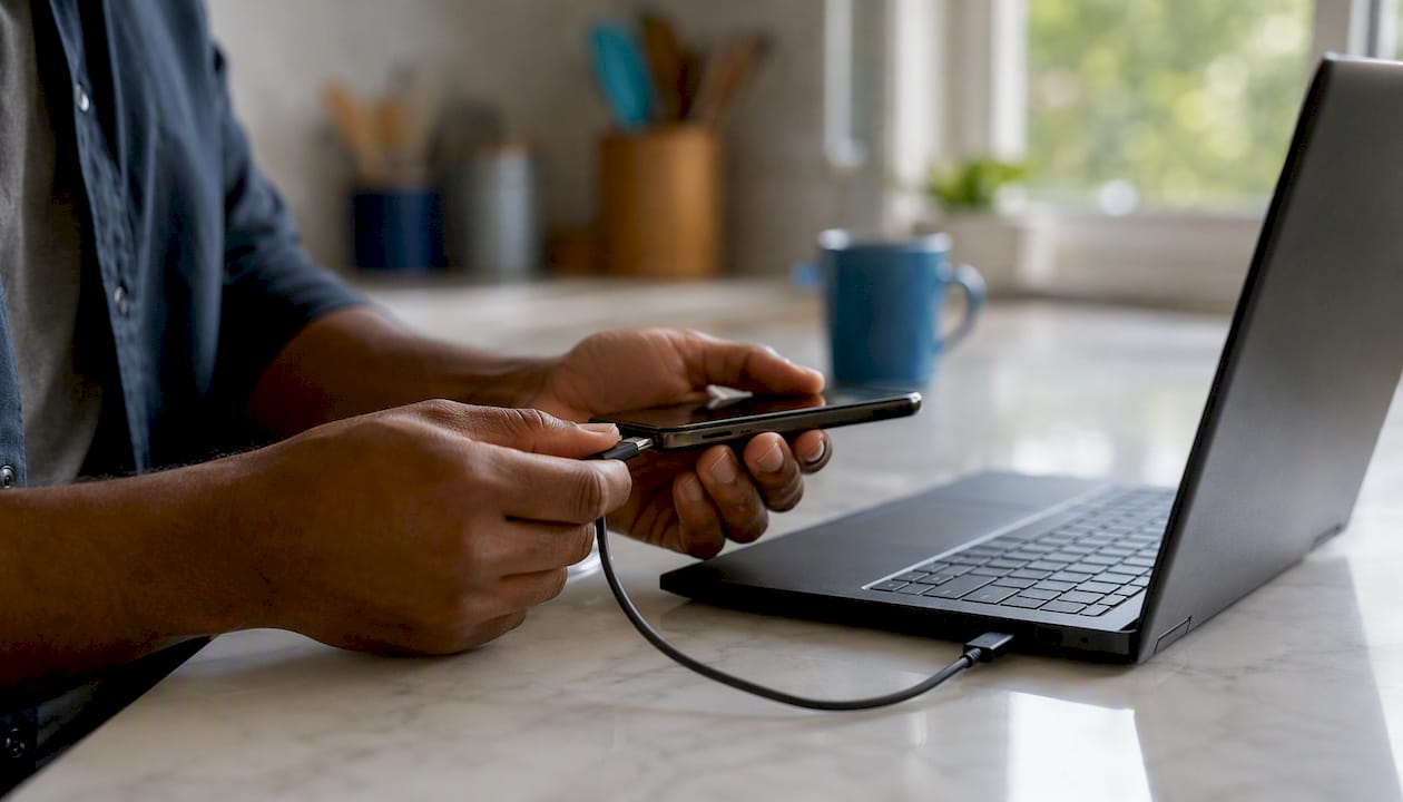 Hands connecting phone to computer via cable
