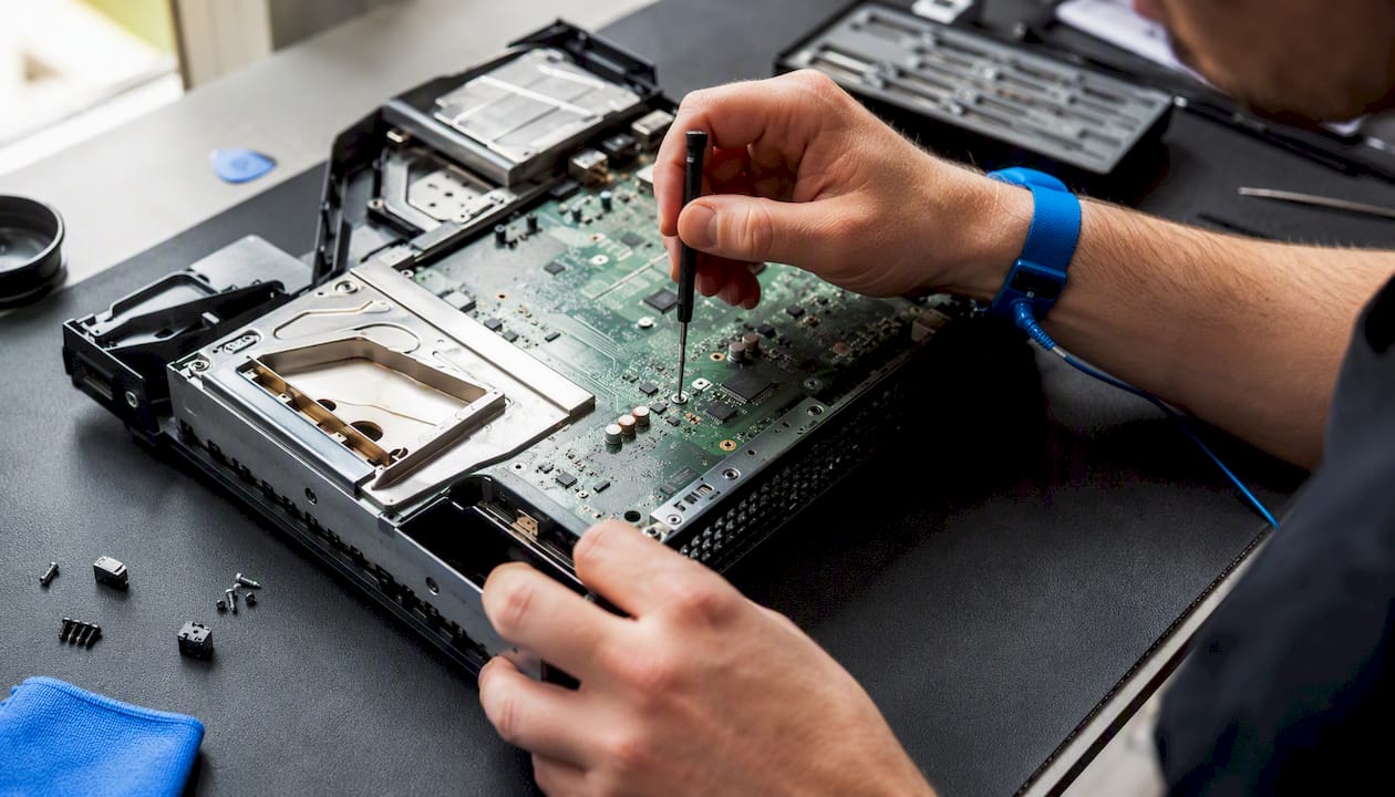 Hands repairing game console internals with tools