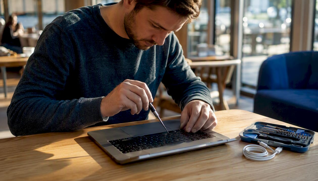 Technician repairing laptop keyboard onsite