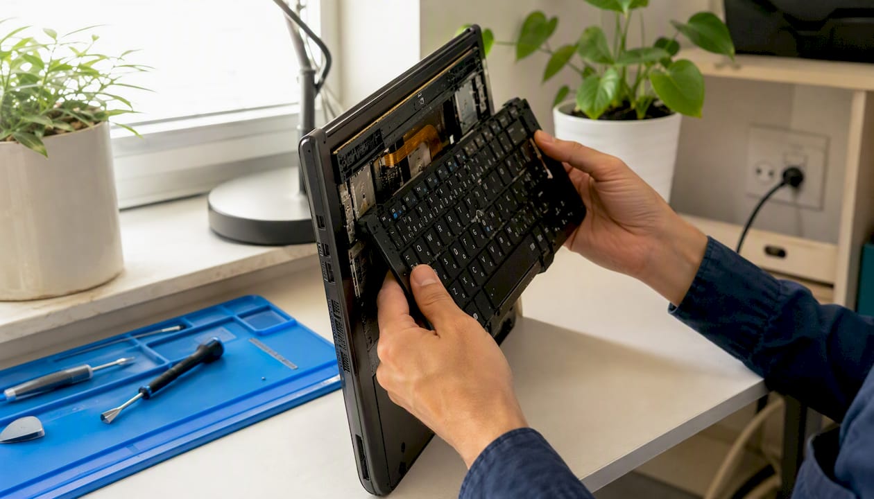 Technician hands diagnosing spilled laptop keyboard