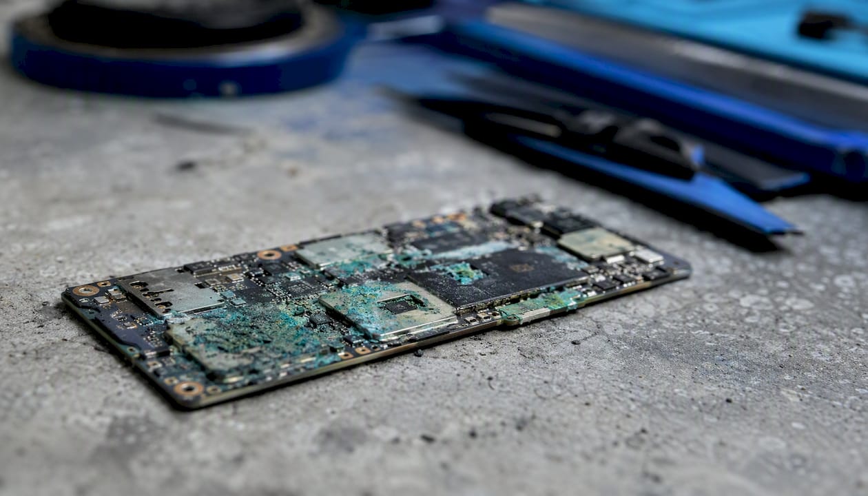 Close-up of corroded phone circuit board damage