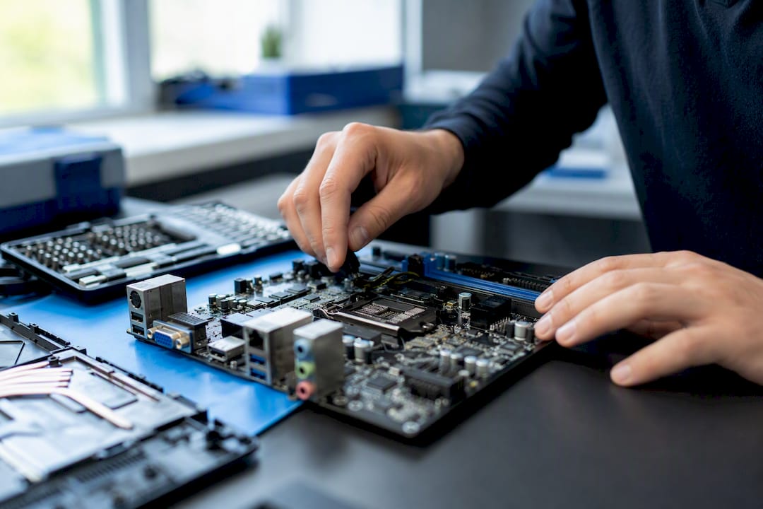 Technician hands inspecting motherboard close-up