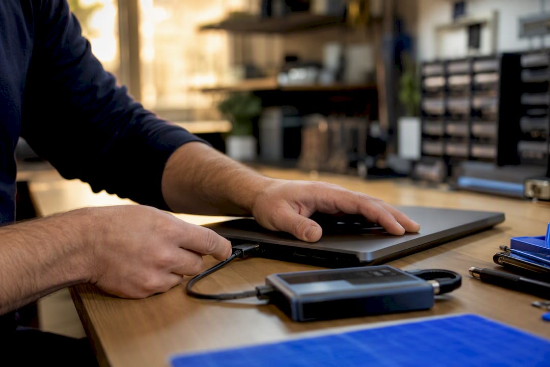 Technician hands using diagnostic tool on laptop