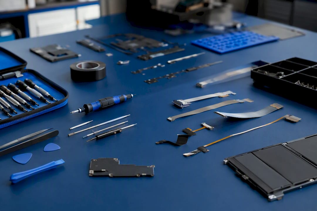 Laptop repair tools and parts on blue mat