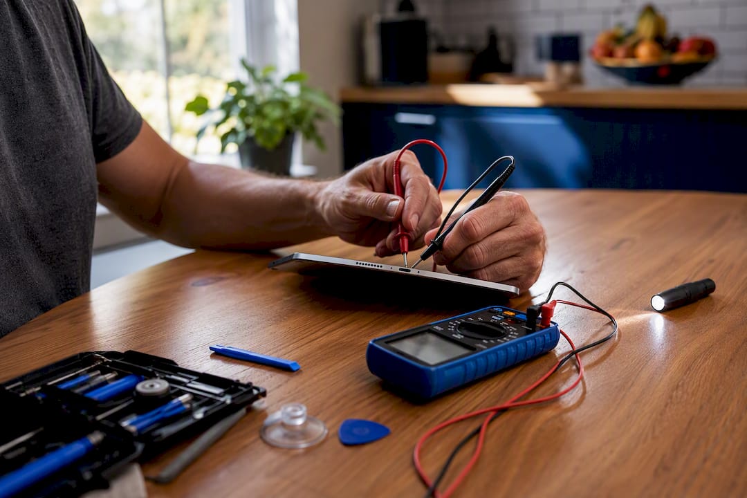 Hands testing iPad charging port with multimeter