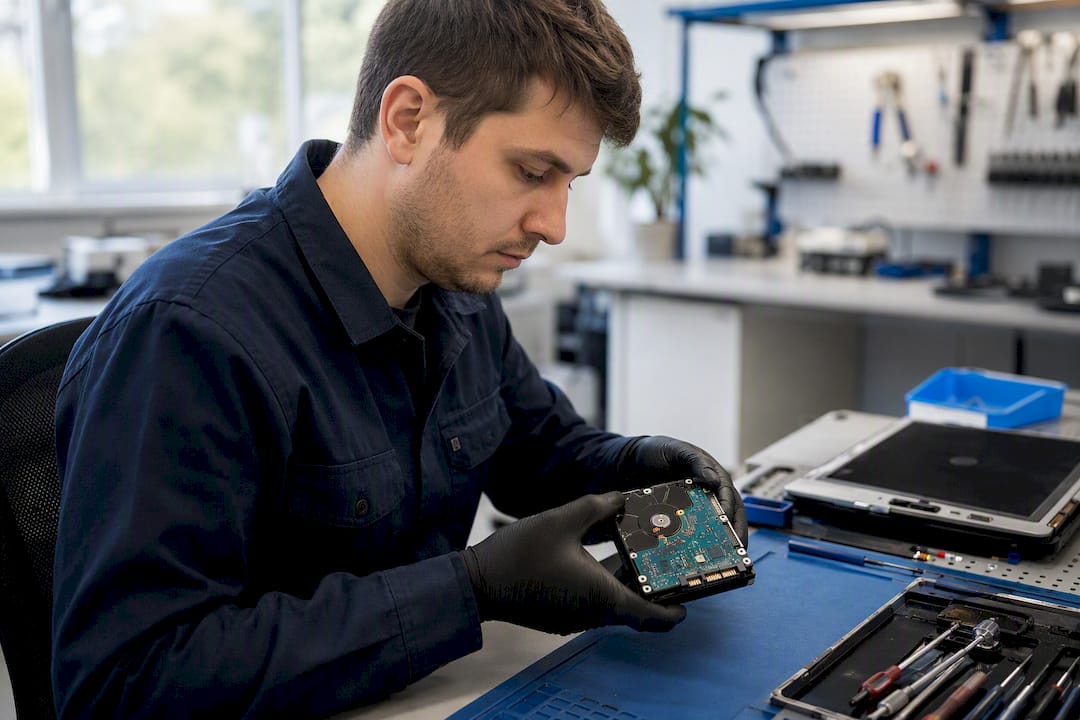Technician carefully handling computer hard drive
