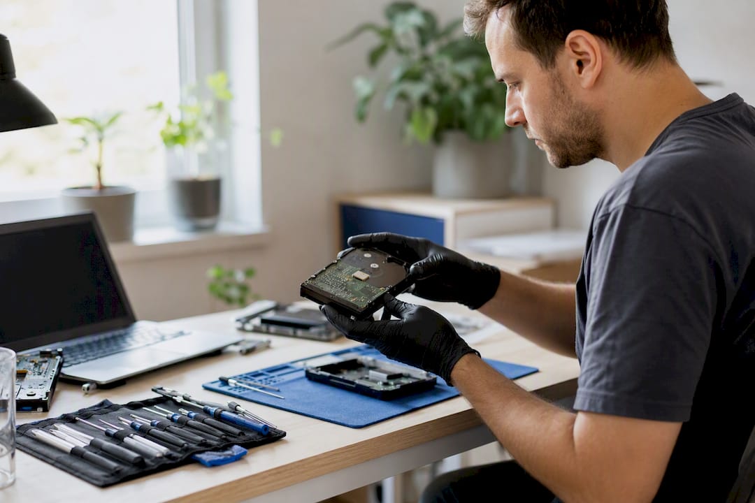 Hands carefully avoiding opening sealed hard drive